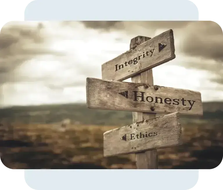 Wegwijzer met de woorden integrity, honesty en ethics